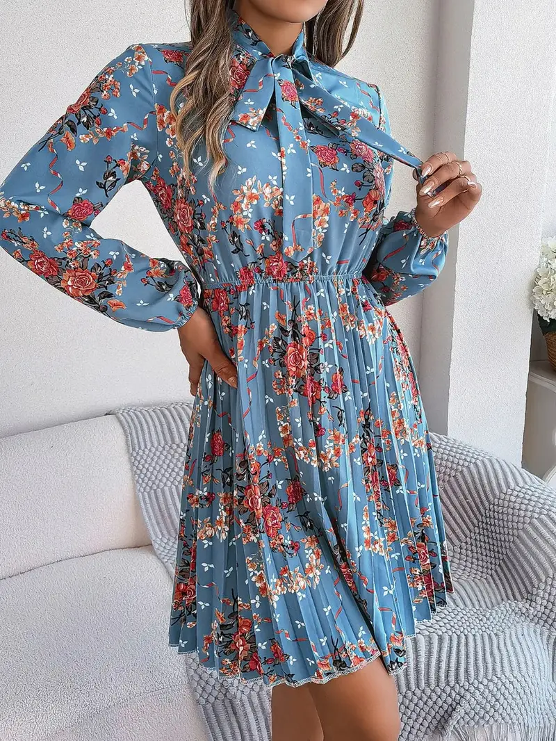 Pleated Printed Tie Neck Long Sleeve Dress 13