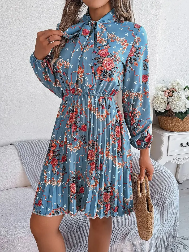 Pleated Printed Tie Neck Long Sleeve Dress 14