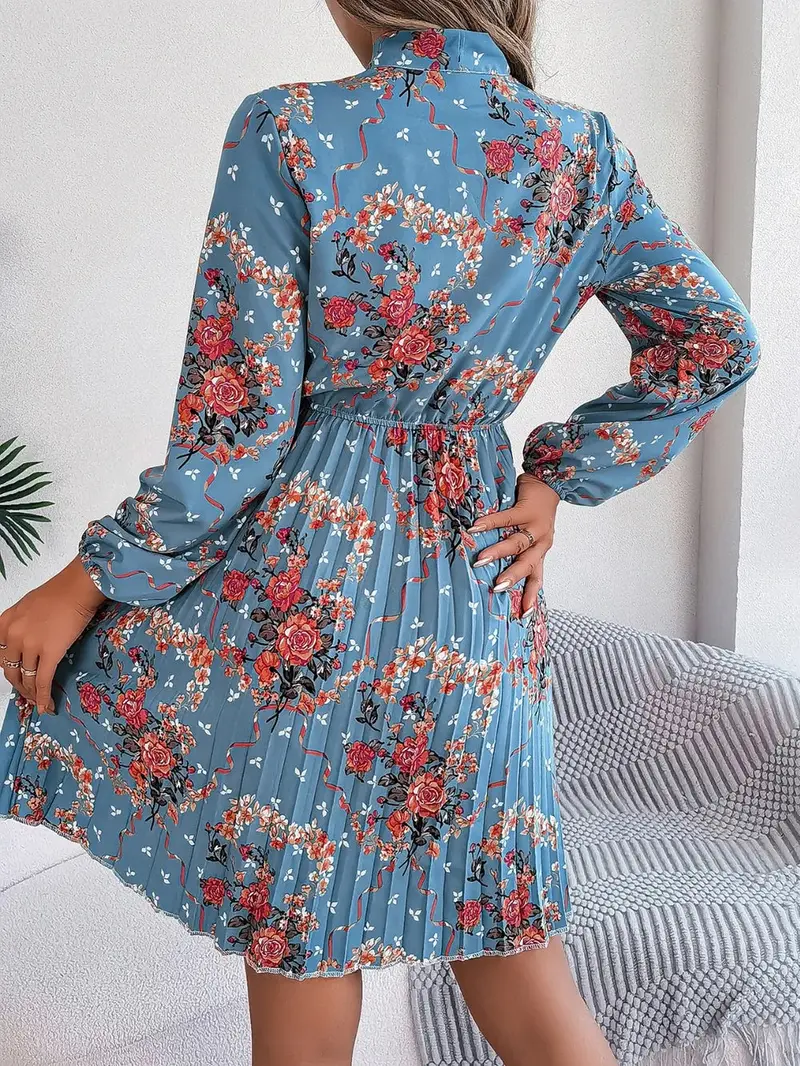 Pleated Printed Tie Neck Long Sleeve Dress 15