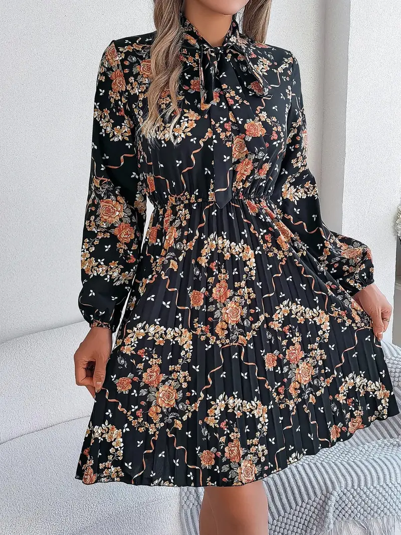 Pleated Printed Tie Neck Long Sleeve Dress 16