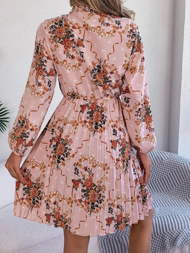 Pleated Printed Tie Neck Long Sleeve Dress 2