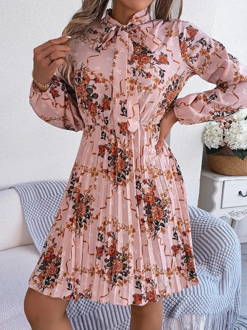 Pleated Printed Tie Neck Long Sleeve Dress 3