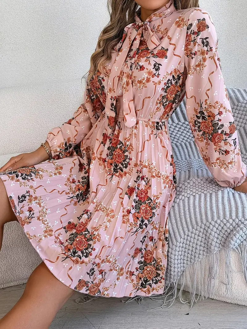 Pleated Printed Tie Neck Long Sleeve Dress 4