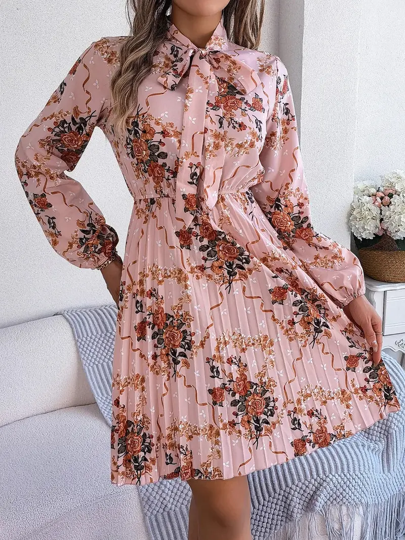 Pleated Printed Tie Neck Long Sleeve Dress 5