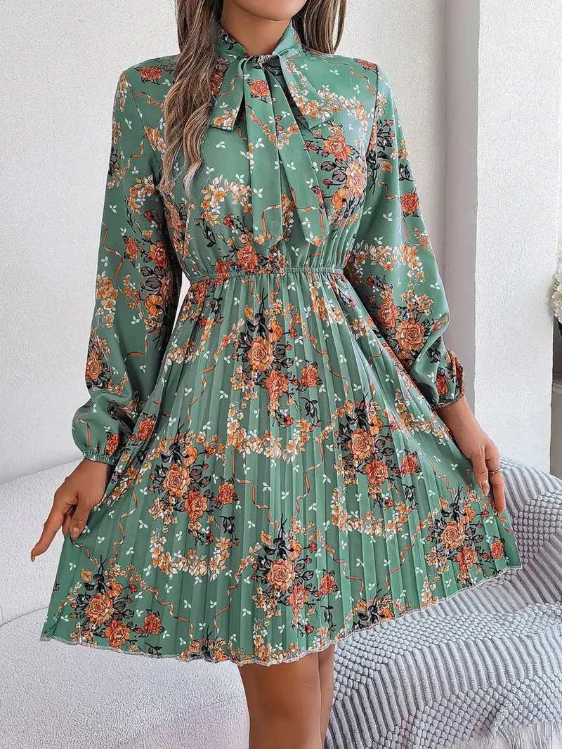 Pleated Printed Tie Neck Long Sleeve Dress 6