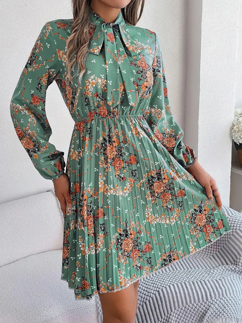 Pleated Printed Tie Neck Long Sleeve Dress 7