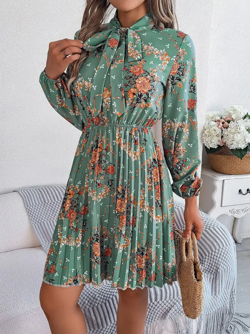 Pleated Printed Tie Neck Long Sleeve Dress 8