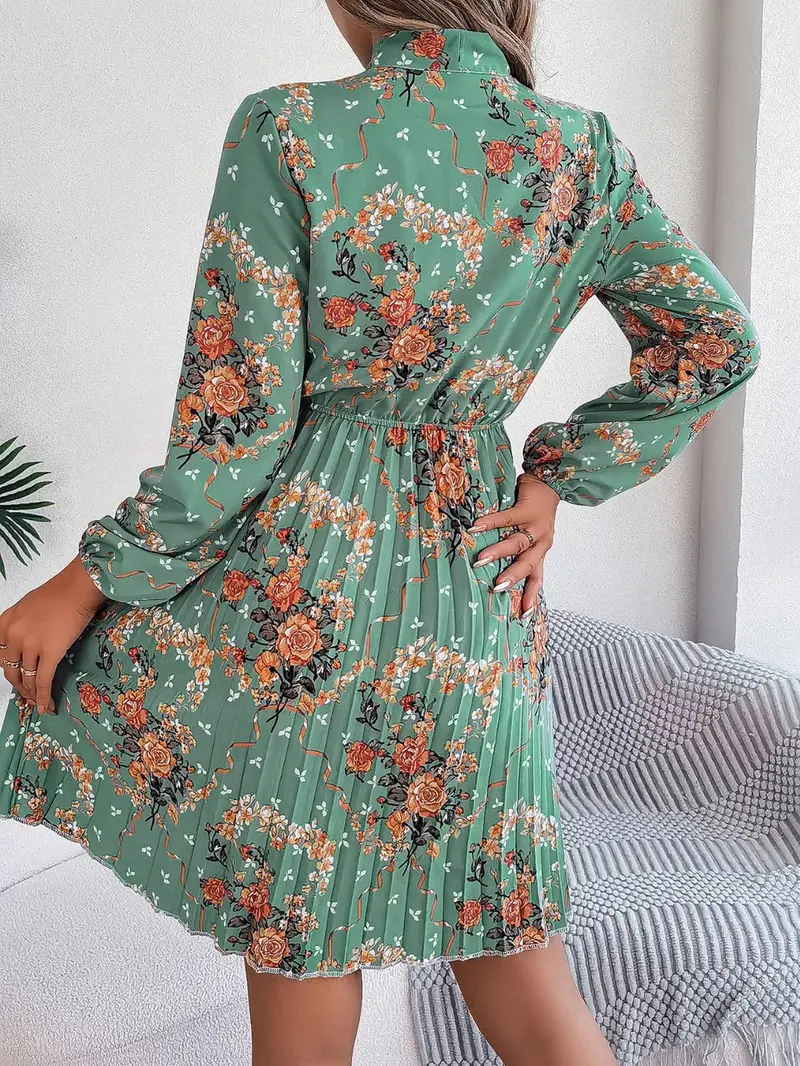 Pleated Printed Tie Neck Long Sleeve Dress 9