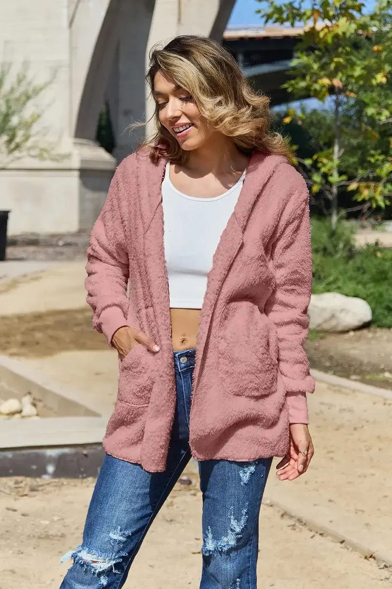 Plus-Size Teddy Hooded Jacket with Functional Pockets