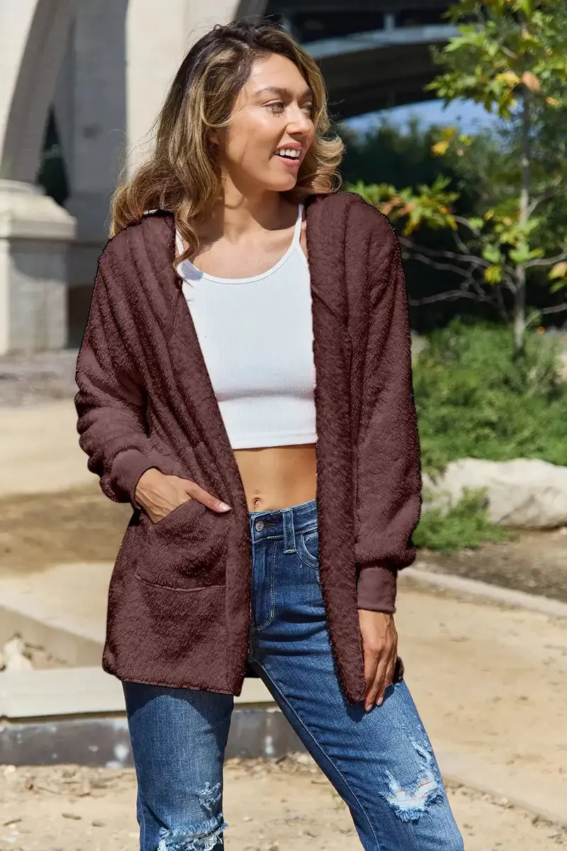 Plus-Size Teddy Hooded Jacket with Functional Pockets