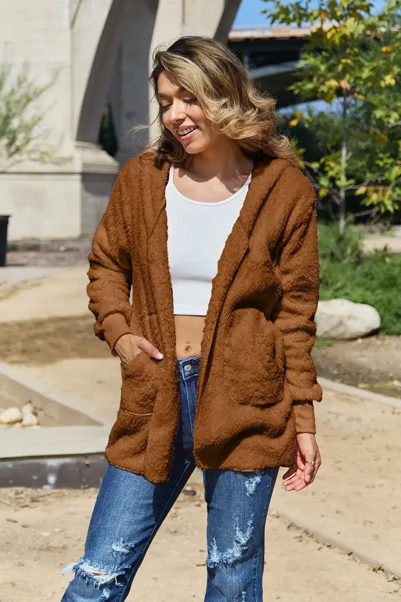 Plus-Size Teddy Hooded Jacket with Functional Pockets