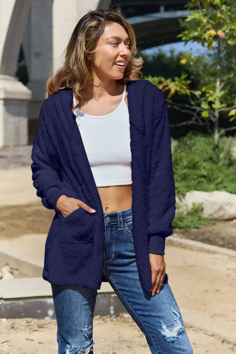 Plus-Size Teddy Hooded Jacket with Functional Pockets