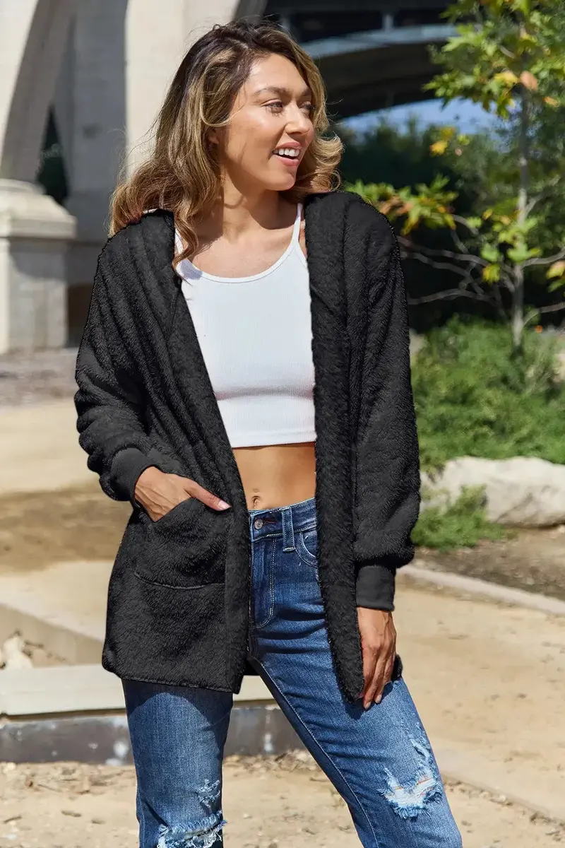 Plus-Size Teddy Hooded Jacket with Functional Pockets