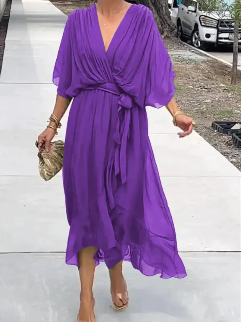 Plus Size Tie-Front Midi Dress with Flutter Sleeves