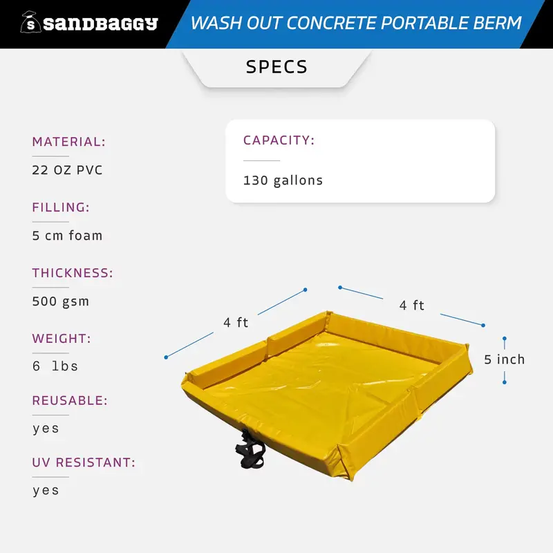 Portable Concrete Washout Berm - Uv Resistant (4 Ft X 4 Ft X 5 Inch) 2
