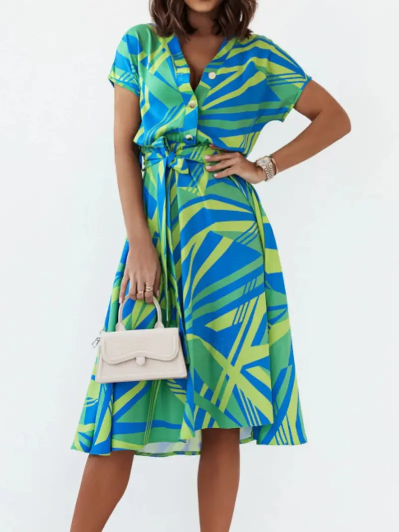Printed Button Front Midi Dress With Belt 1