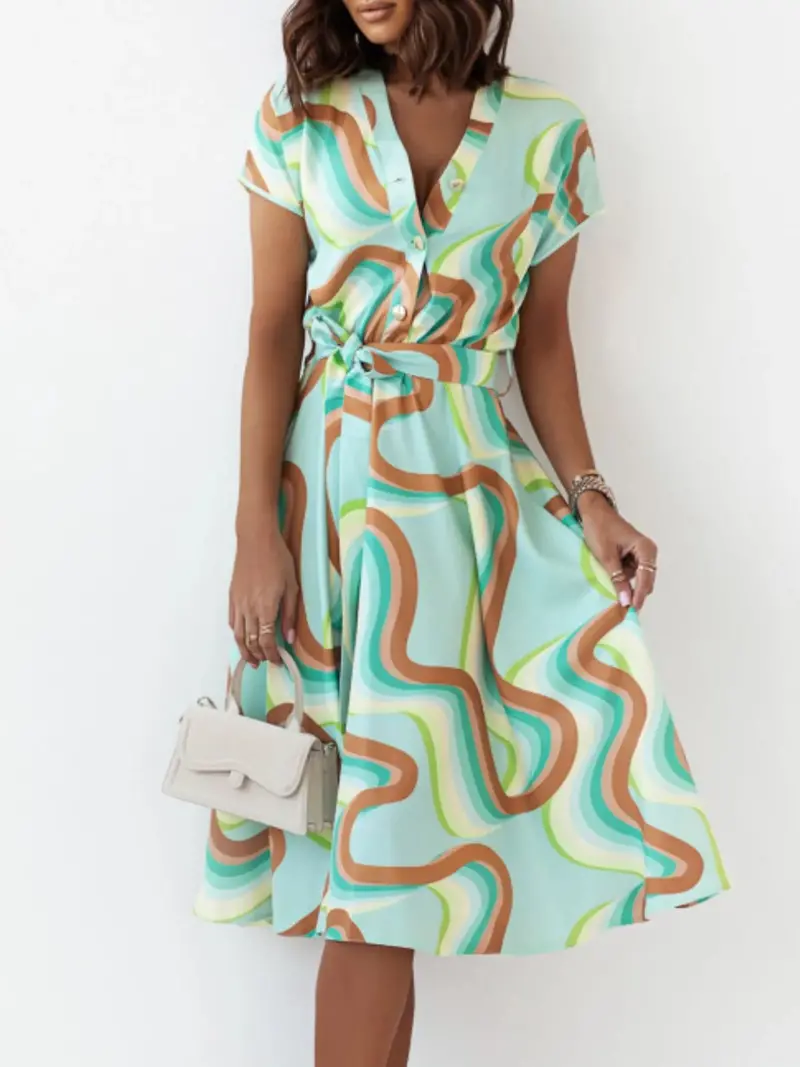 Printed Button Front Midi Dress With Belt 11