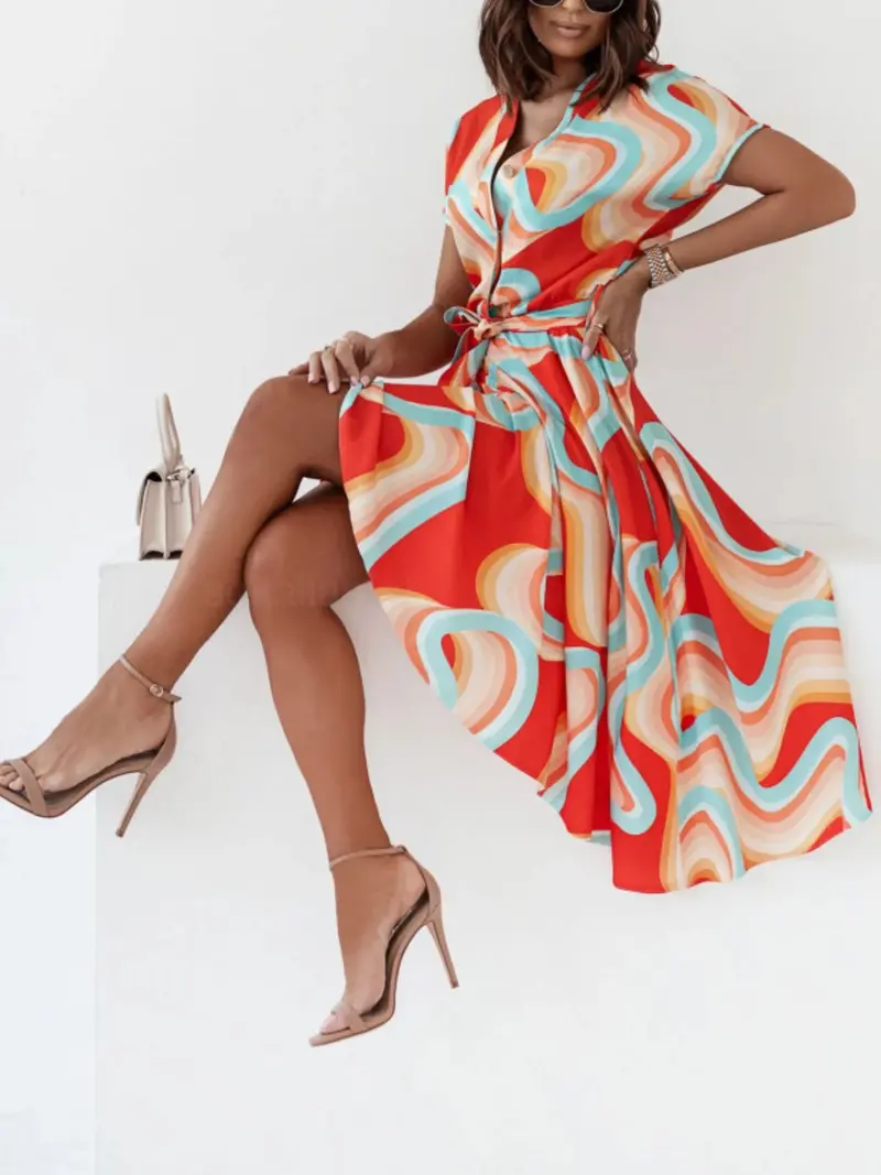 Printed Button Front Midi Dress With Belt 11