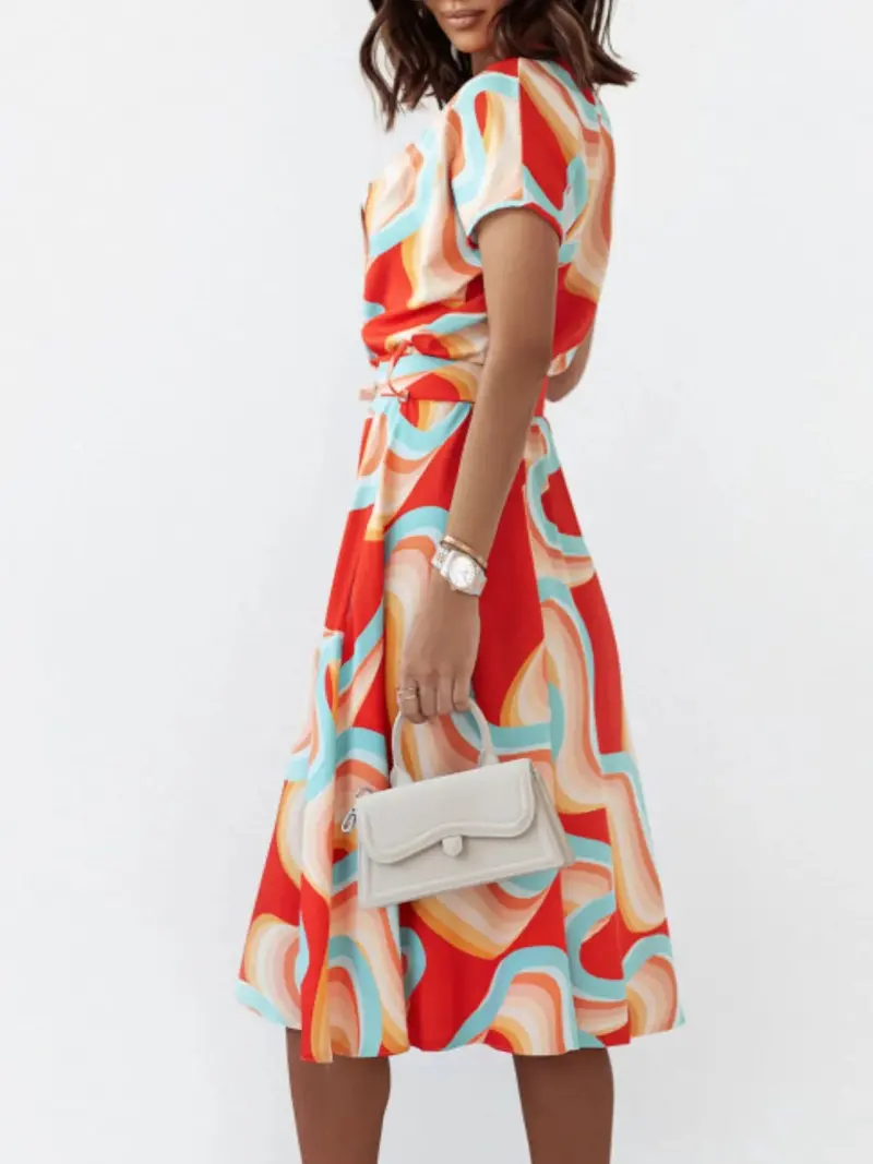 Printed Button Front Midi Dress With Belt 12