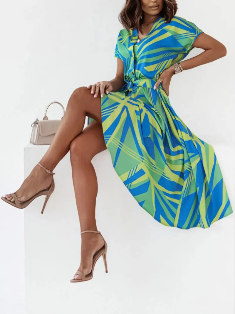 Printed Button Front Midi Dress With Belt 3