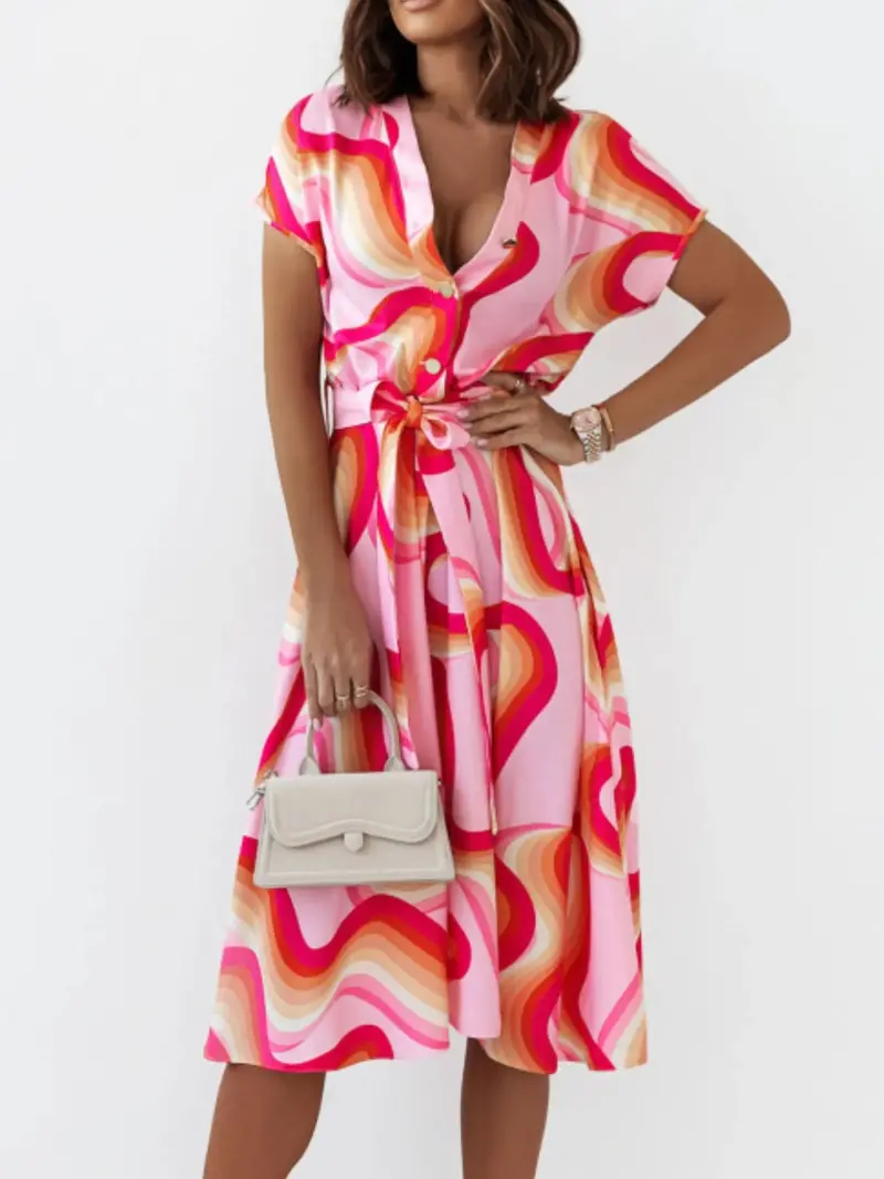 Printed Button Front Midi Dress With Belt 5