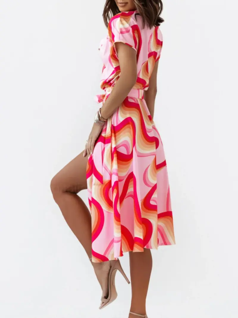 Printed Button Front Midi Dress With Belt 6