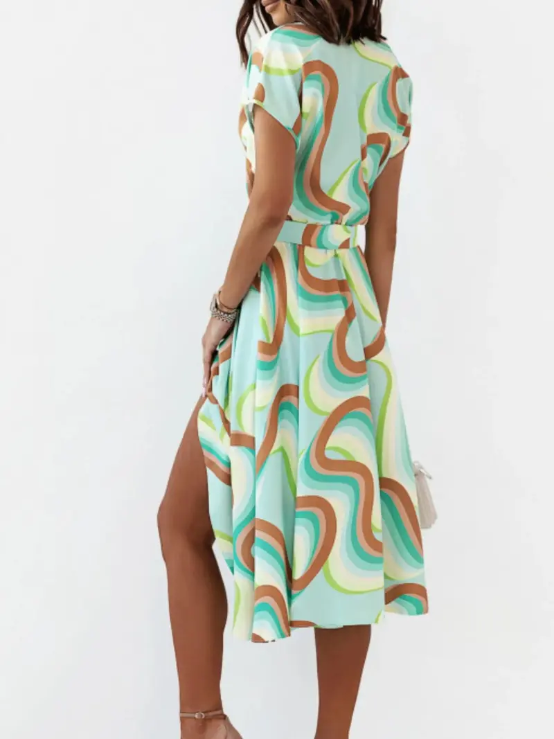 Printed Button Front Midi Dress With Belt 8