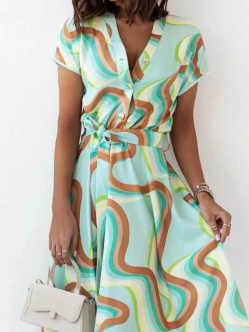 Printed Button Front Midi Dress With Belt 9
