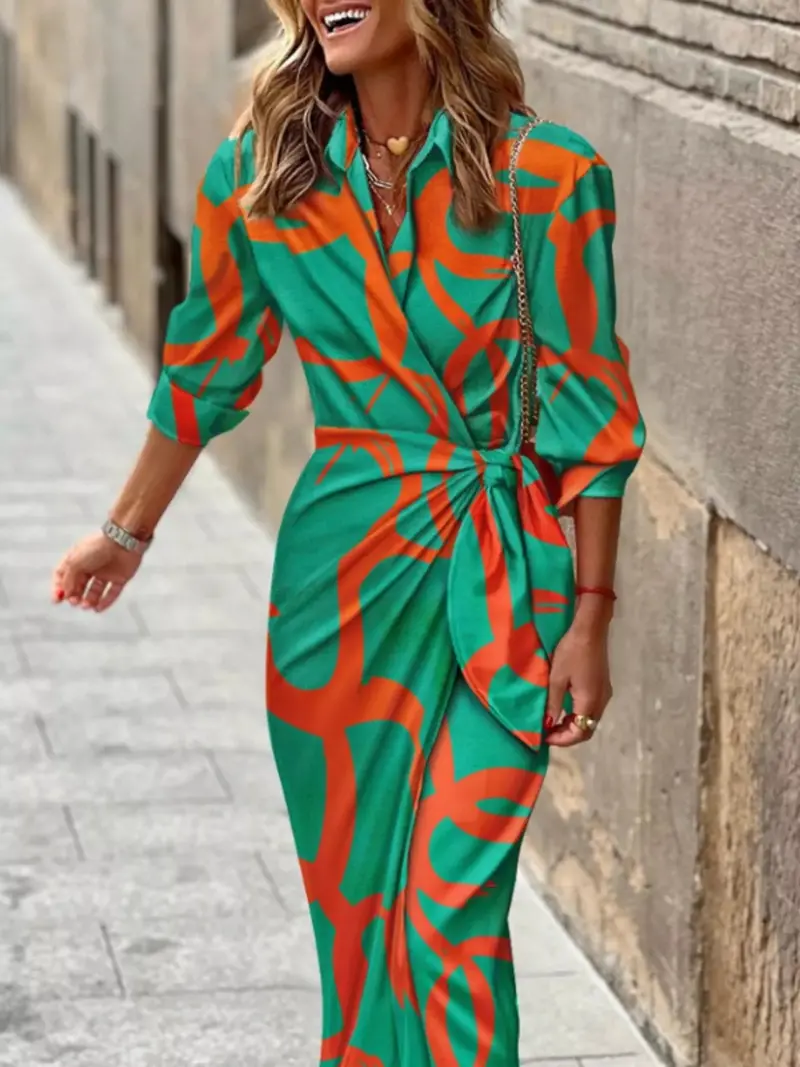 Printed Collared Neck Shirt Dress 1