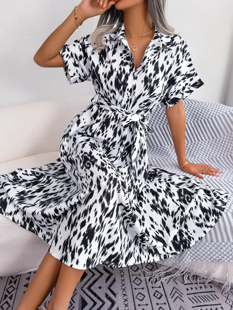 Printed Collared Neck Short Sleeve Tie Waist Dress 5