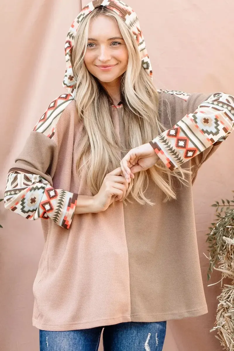 Printed Color Block Hooded Waffle Top 1
