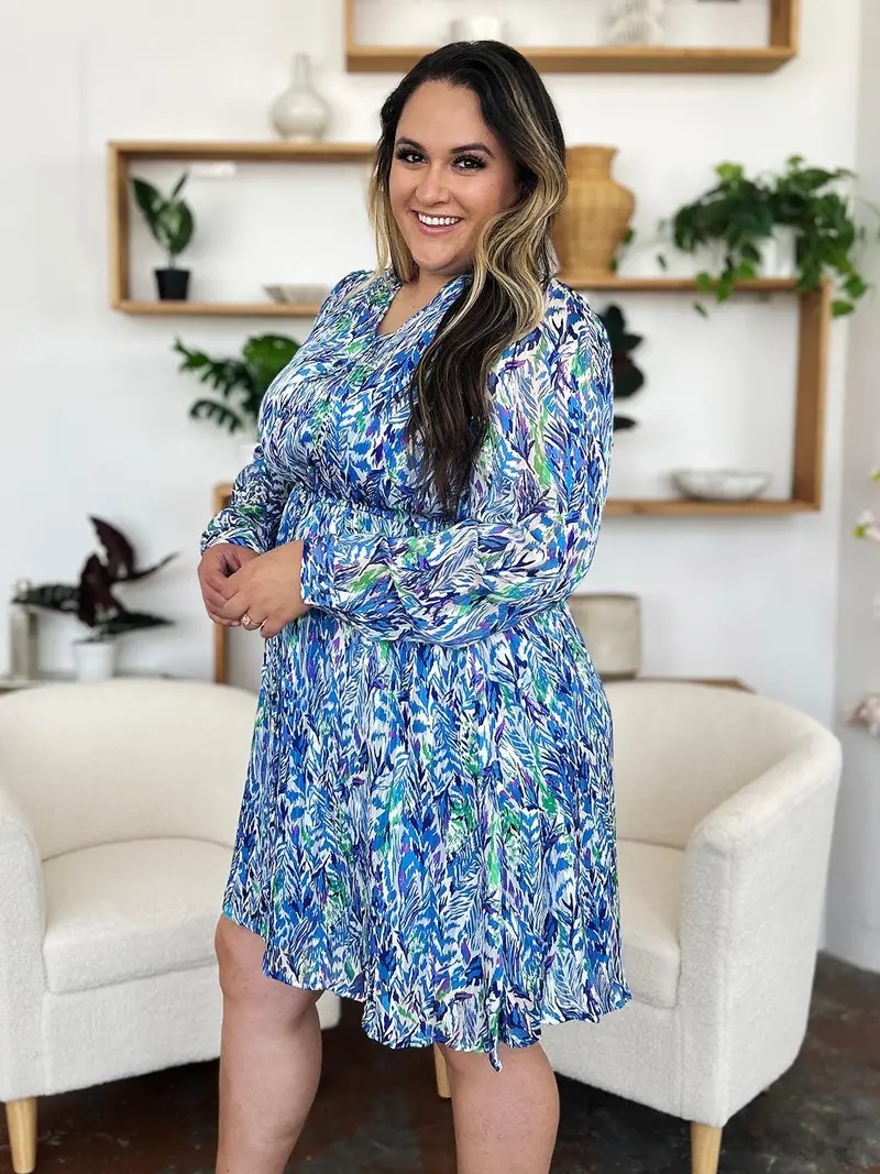 Printed Drawstring Waist Long Sleeve Dress 11