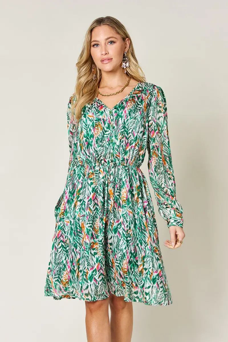 Printed Drawstring Waist Long Sleeve Dress 2