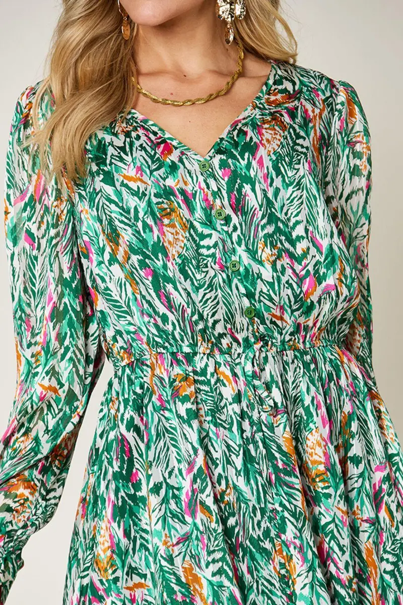Printed Drawstring Waist Long Sleeve Dress 5