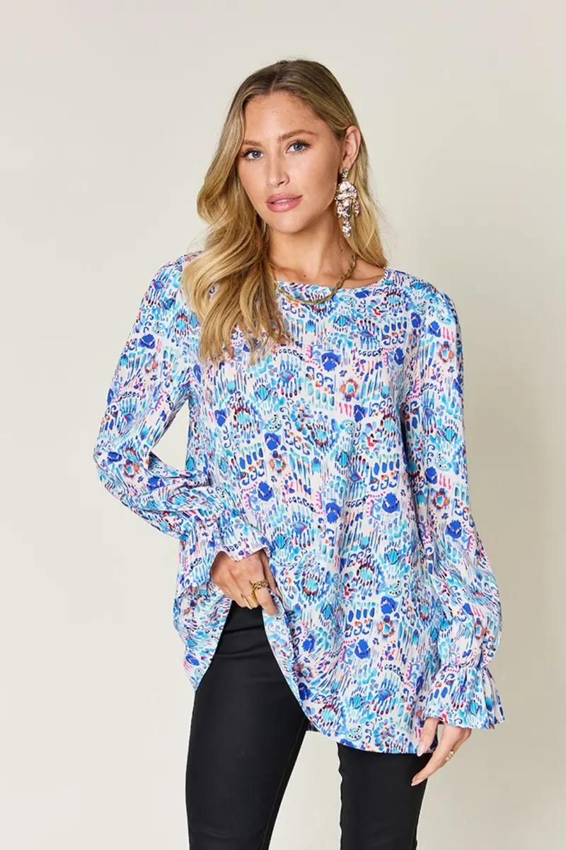 Printed Flounce Sleeve Blouse 1