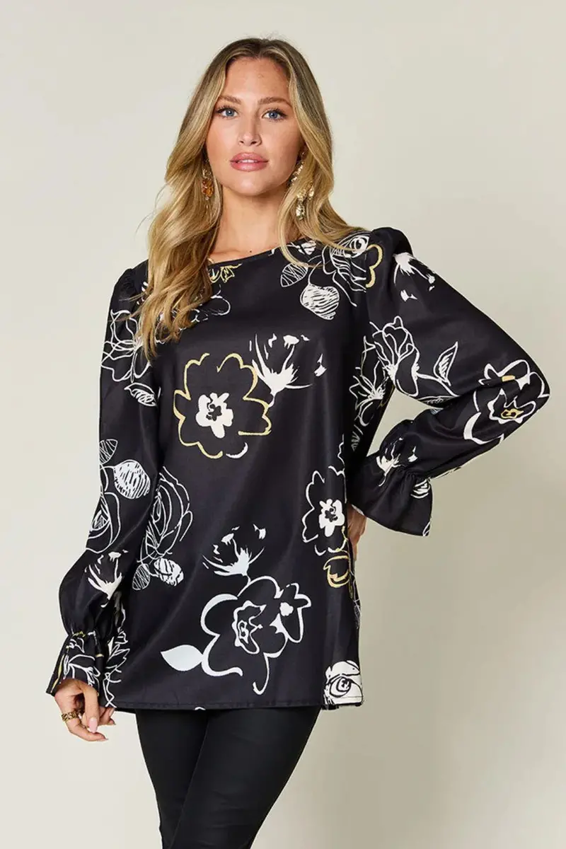 Printed Flounce Sleeve Blouse 1