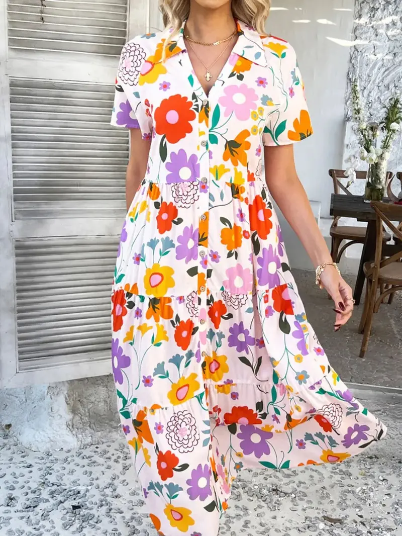 Printed Johnny Collar Button Down Short Sleeve Midi Shirt Dress 1