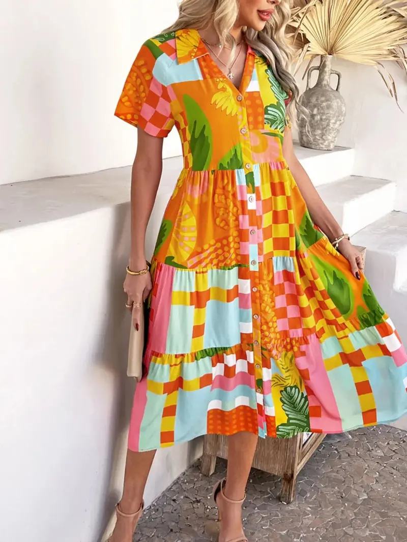 Printed Johnny Collar Button Down Short Sleeve Midi Shirt Dress 15