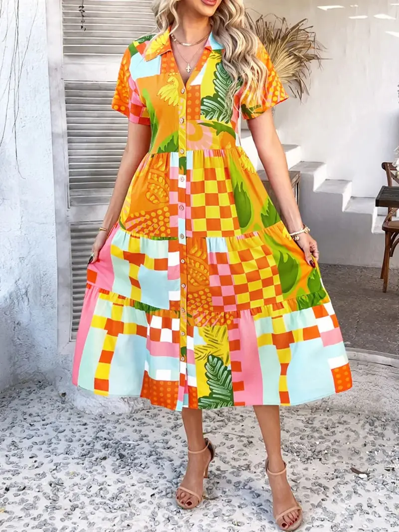 Printed Johnny Collar Button Down Short Sleeve Midi Shirt Dress 16