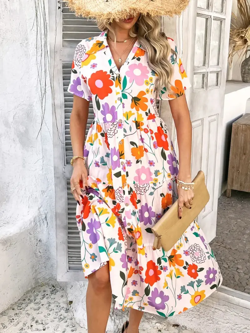 Printed Johnny Collar Button Down Short Sleeve Midi Shirt Dress 2