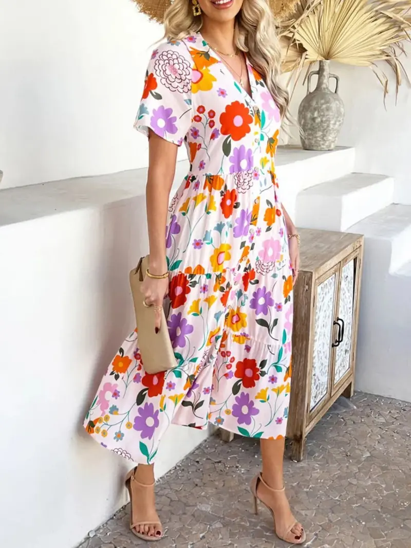 Printed Johnny Collar Button Down Short Sleeve Midi Shirt Dress 3