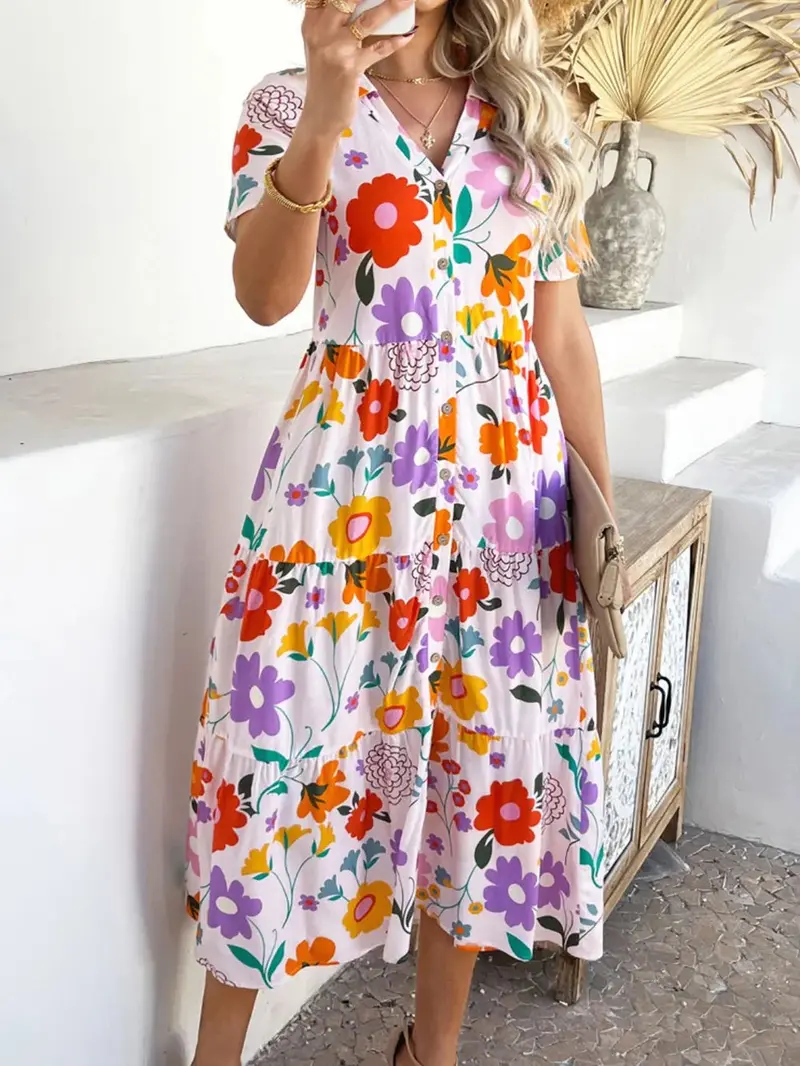Printed Johnny Collar Button Down Short Sleeve Midi Shirt Dress 5