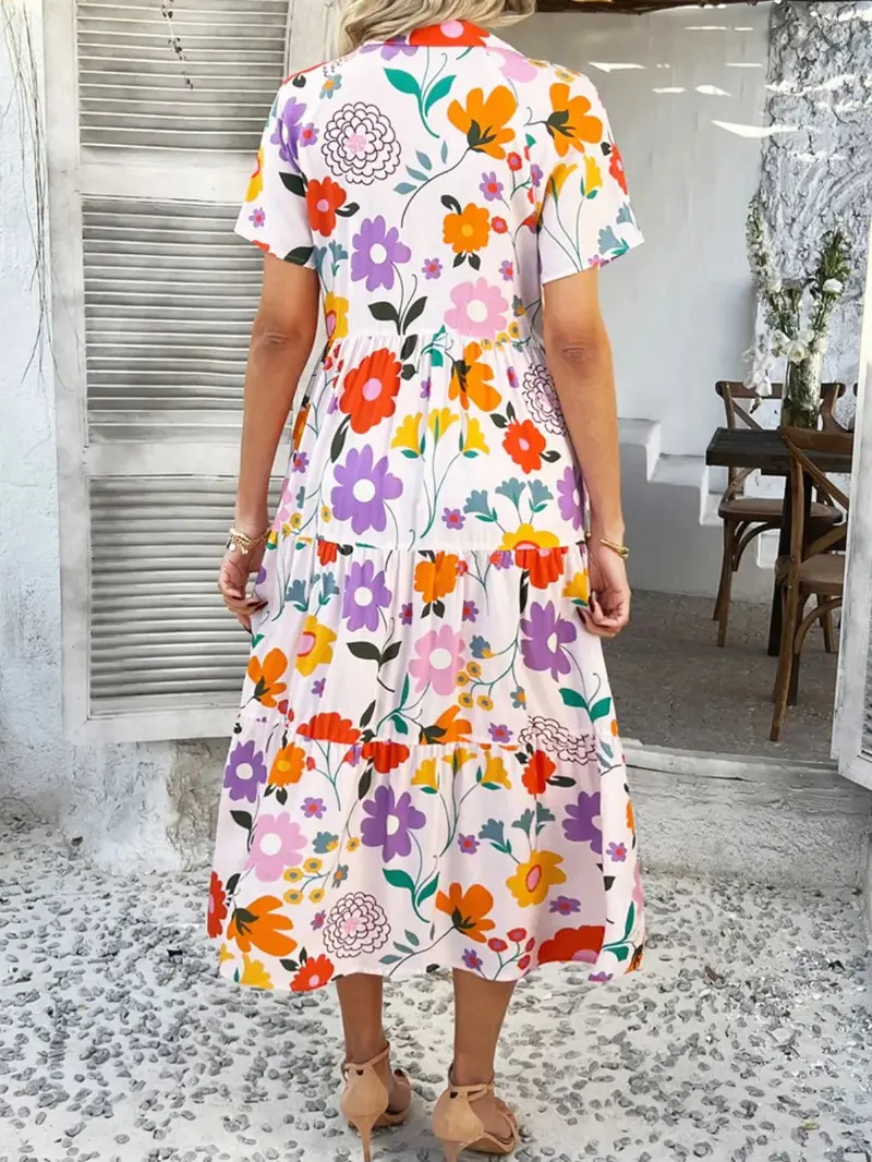 Printed Johnny Collar Button Down Short Sleeve Midi Shirt Dress 6