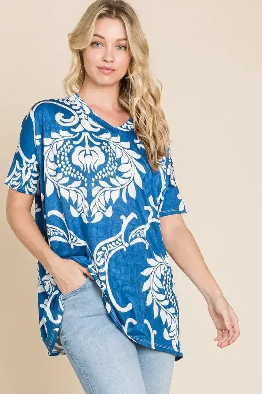 Printed Relaxed V-Neck Tunic Top 1