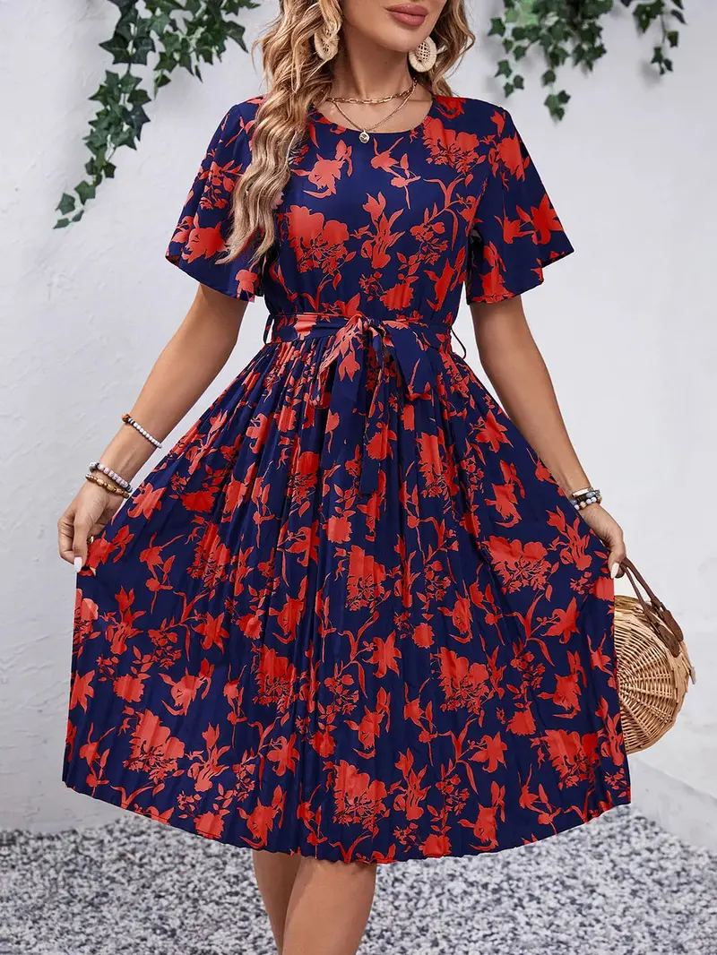 Printed Round Neck Short Sleeve Dress 1
