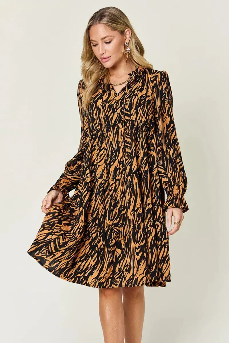 Printed Ruffle Hem Long Sleeve Dress 1