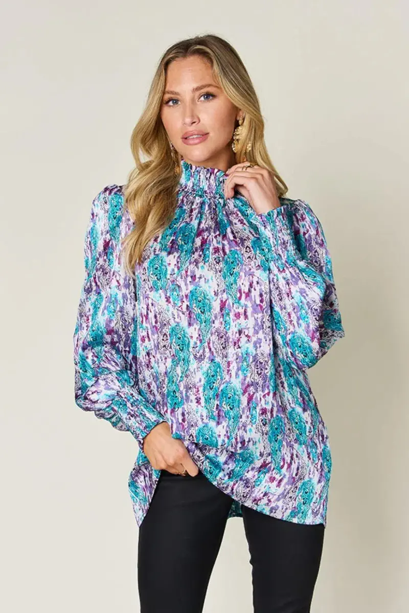 Printed Smocked Long Sleeve Blouse 1