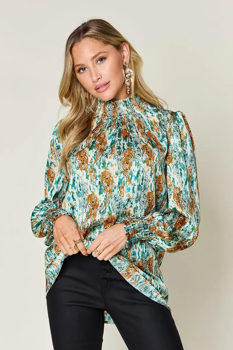 Printed Smocked Long Sleeve Blouse 11