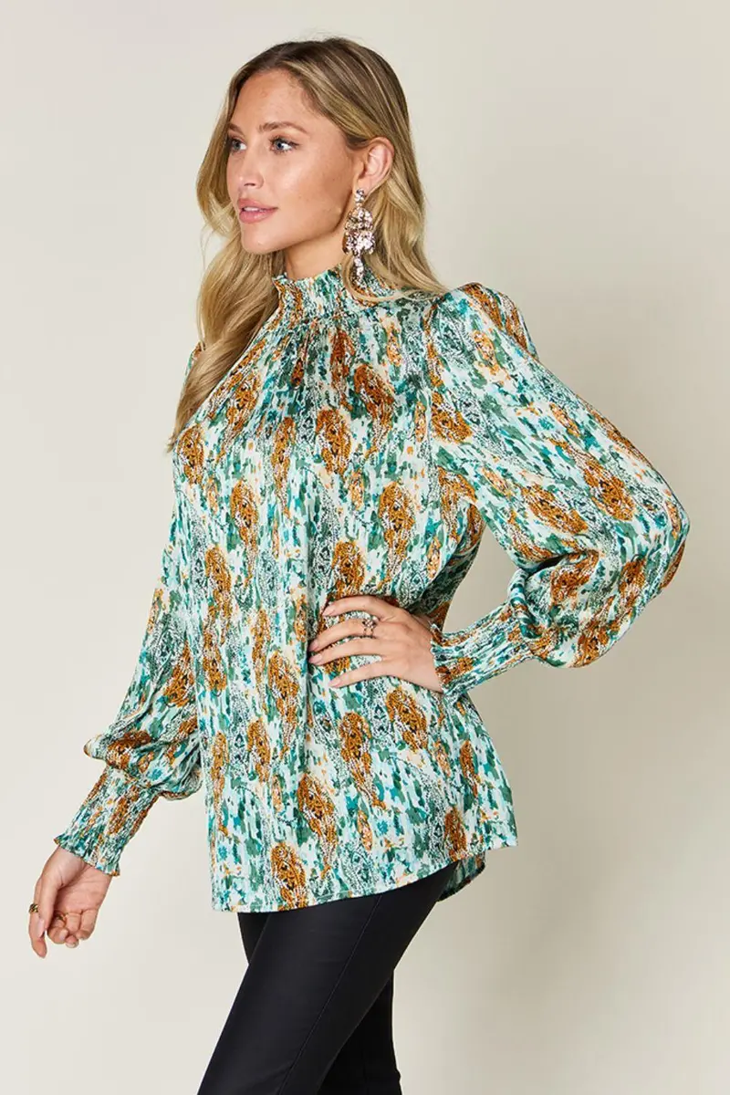 Printed Smocked Long Sleeve Blouse 12