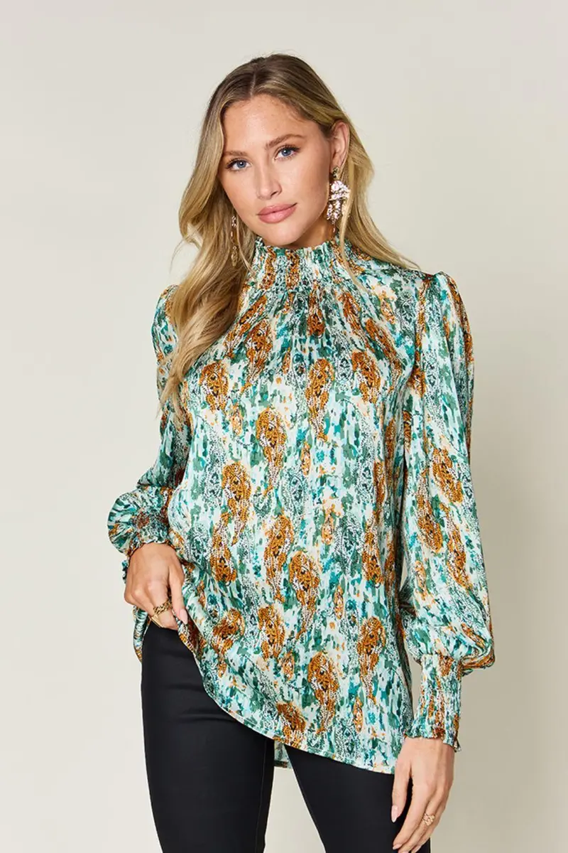 Printed Smocked Long Sleeve Blouse 13